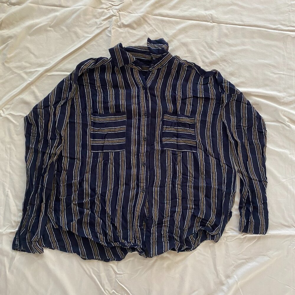 Blue, Bronze, and White Stripped Button-Up